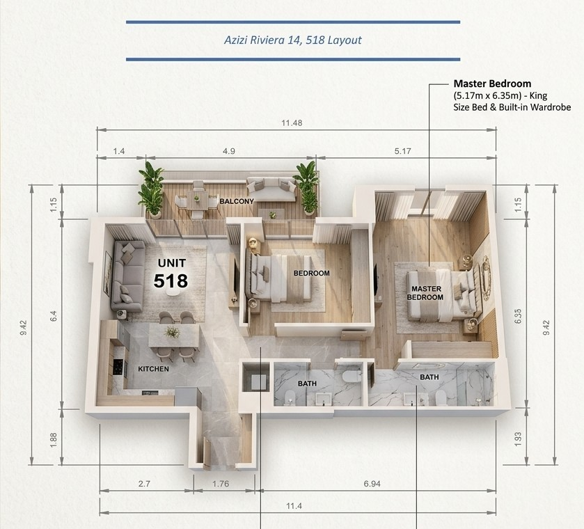 Azizi Riviera 14 Unit 518 — approximate 3D layout illustration