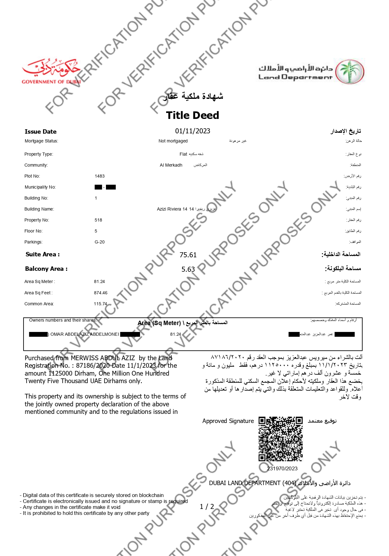 Title Deed — Azizi Riviera 14 Unit 518